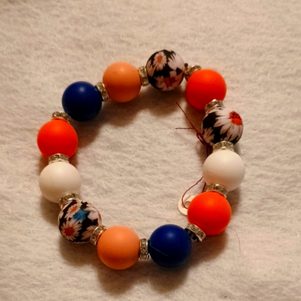 Floral Beaded Bracelet in Blue, Orange, and White